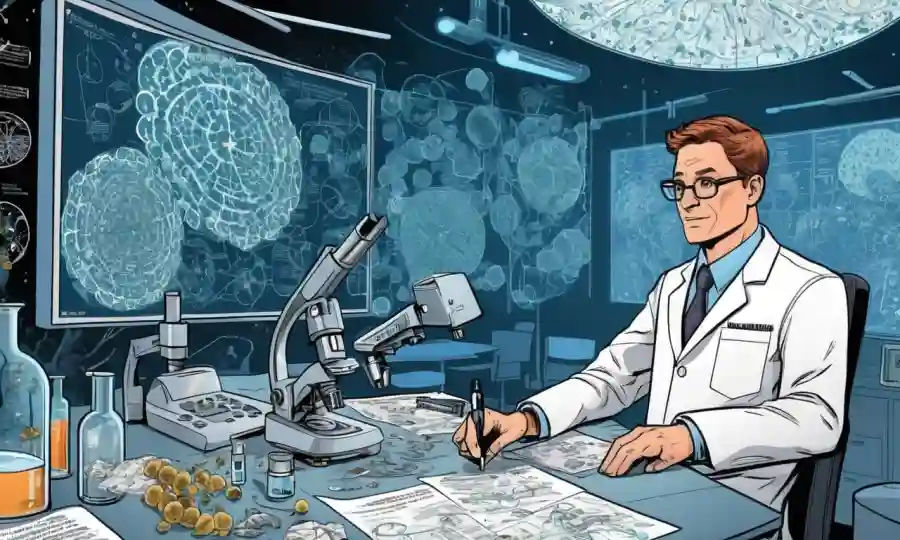 Investigación científica bajo microscopio rodeada de diagramas futuristas y notas sobre implicaciones de descubrimiento fúngicas.