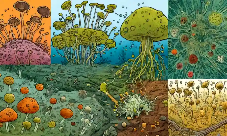 Ilustraciones científicas de esporas bajo microscopios con gráficos evolutivos y diagramas de ecosistemas.