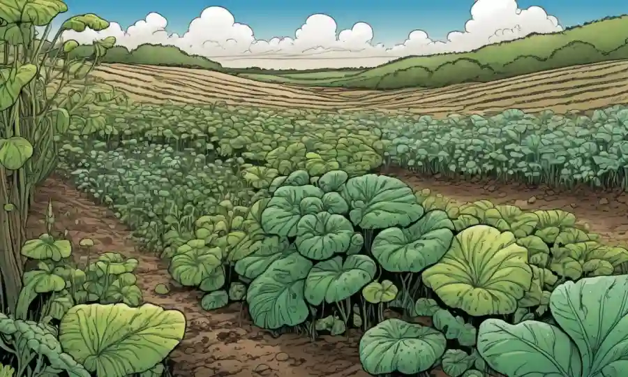 Ilustraciones de plantas agrícolas que crecen con conexiones fúngicas en ecosistemas naturales.