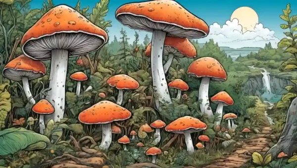 Ilustraciones de hongos y plantas interactuando