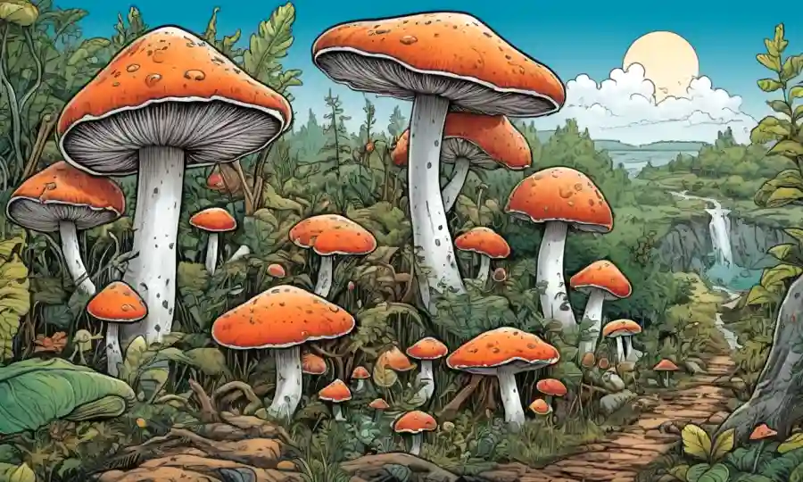 Ilustraciones de hongos y plantas interactuando