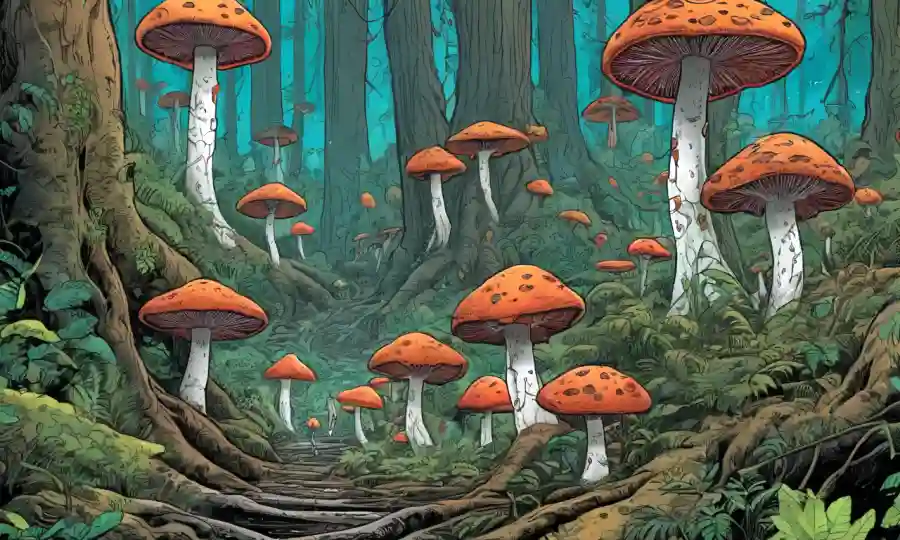 Vibrant, redes de hongos interconectados en ecosistemas forestales, destacando la importancia cultural y ecológica.