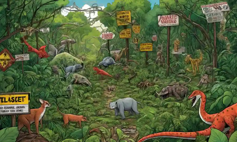 Una red interconectada de criaturas entre vegetación exuberante, rodeada de señales de advertencia y amenazada con extinción.