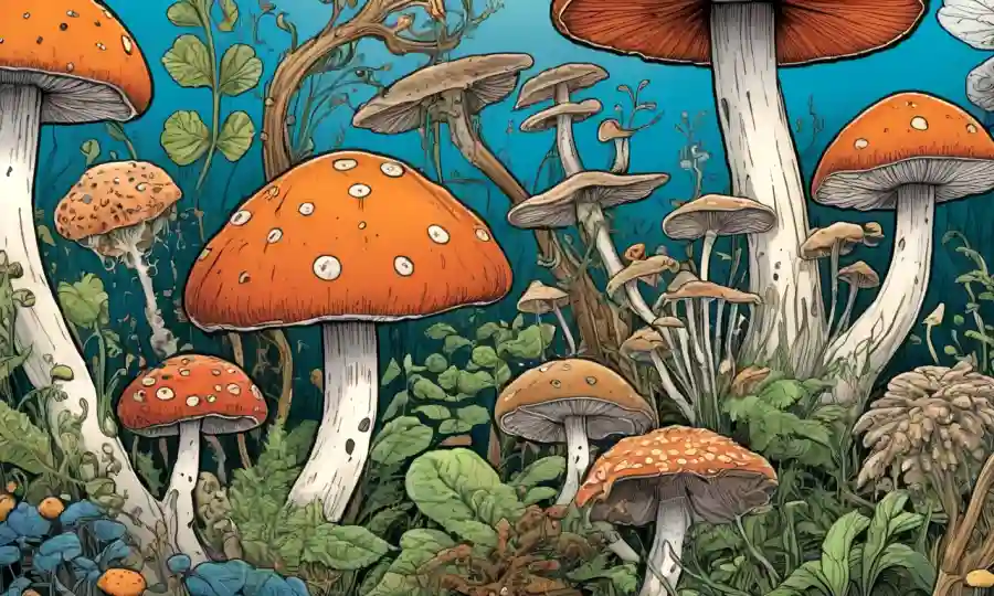 Ilustración de organismos entrelazados (fungi, plantas y animales) destacando la importancia de los hongos en una cadena alimentaria.
