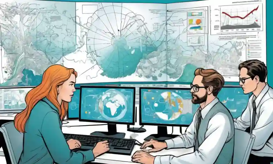 Científicos analizando datos ecológicos en computadoras en medio de gráficos y diagramas, destacando la importancia de la colaboración.