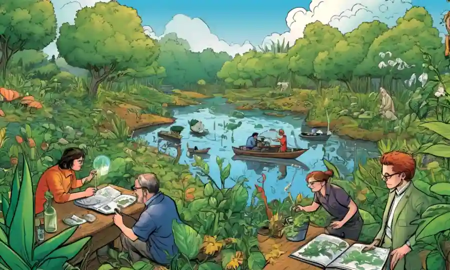 Científicos que estudian la vida vegetal en un ecosistema diverso.