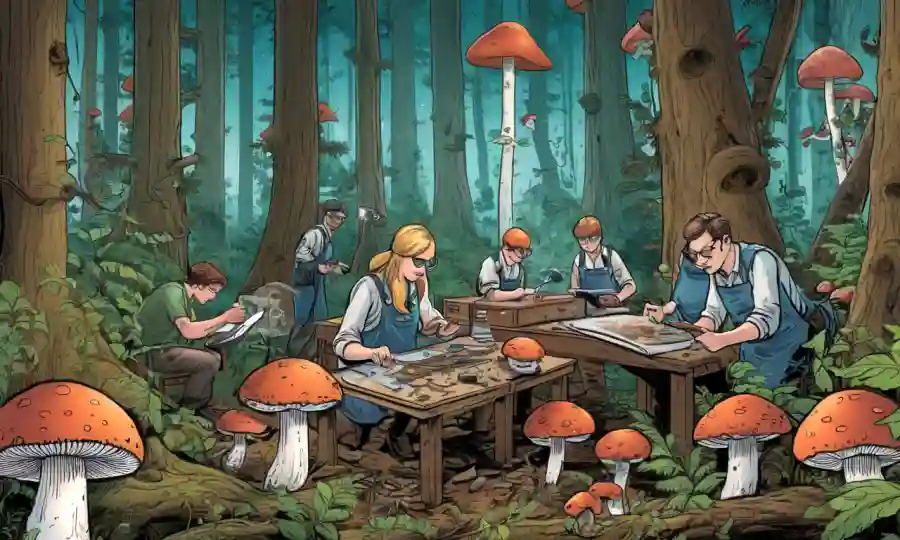 Investigadores y estudiantes que estudian hongos en un laboratorio forestal.