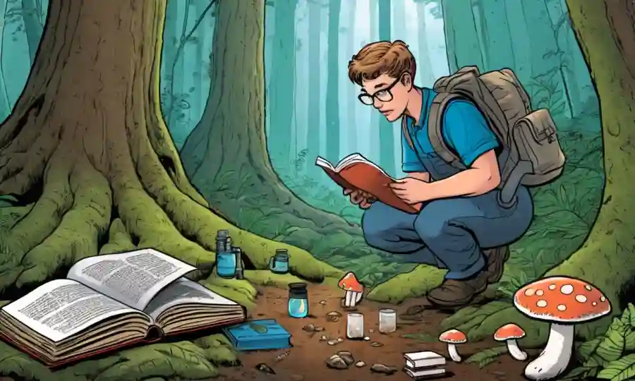 Científico coleccionando muestras de hongos en un bosque, con libros educativos y equipos cercanos.