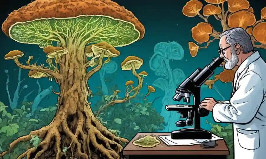 Científico examinando el crecimiento de hongos con la superposición del árbol evolutivo en la pantalla del microscopio.