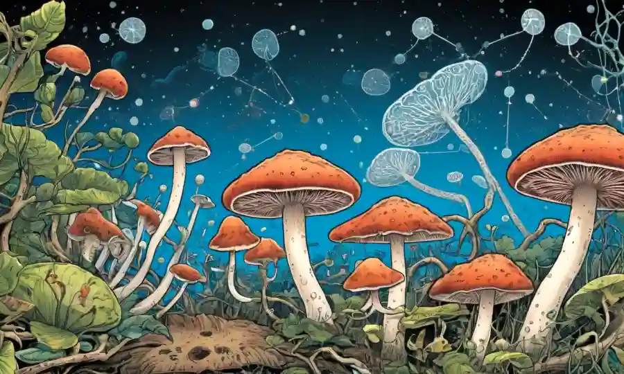 Ilustraciones científicas de hongos rodeados de gráficos genéticos y estructuras moleculares.