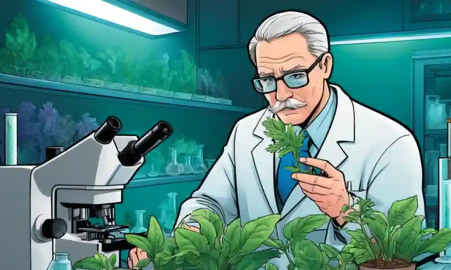 Científico estudiando una diapositiva de microscopio con muestras vegetales o fúngicas en un entorno de laboratorio.