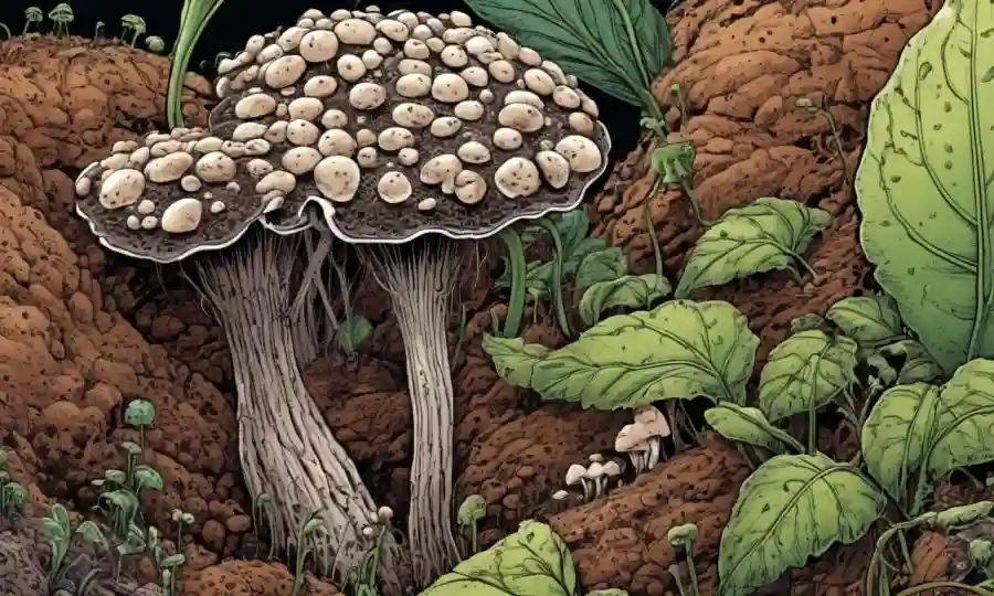 Un acercamiento de esclerocia fúngica creciendo en varias plantas y suelo.