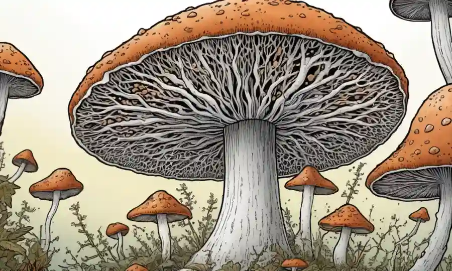 Estructura de hongos con hifae fúngica y ilustraciones.