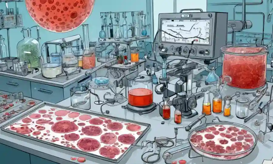 Laboratorios y platos petri que contienen culturas de hongos rodeados de equipos y diagramas científicos.