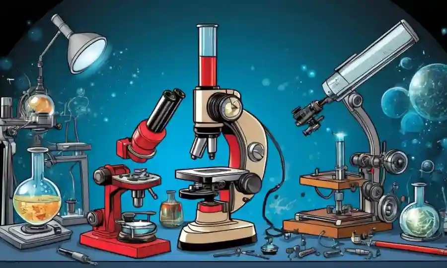 Equipo científico evolucionando con el tiempo, destacando la importancia de la microscopía en la investigación científica y el descubrimiento.