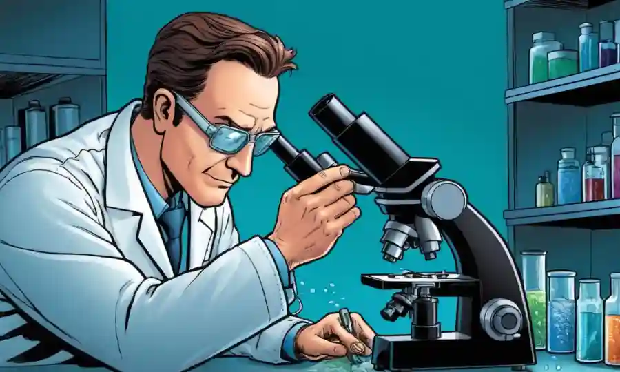 Científico usando un microscopio para examinar muestras microscópicas en un entorno de laboratorio.