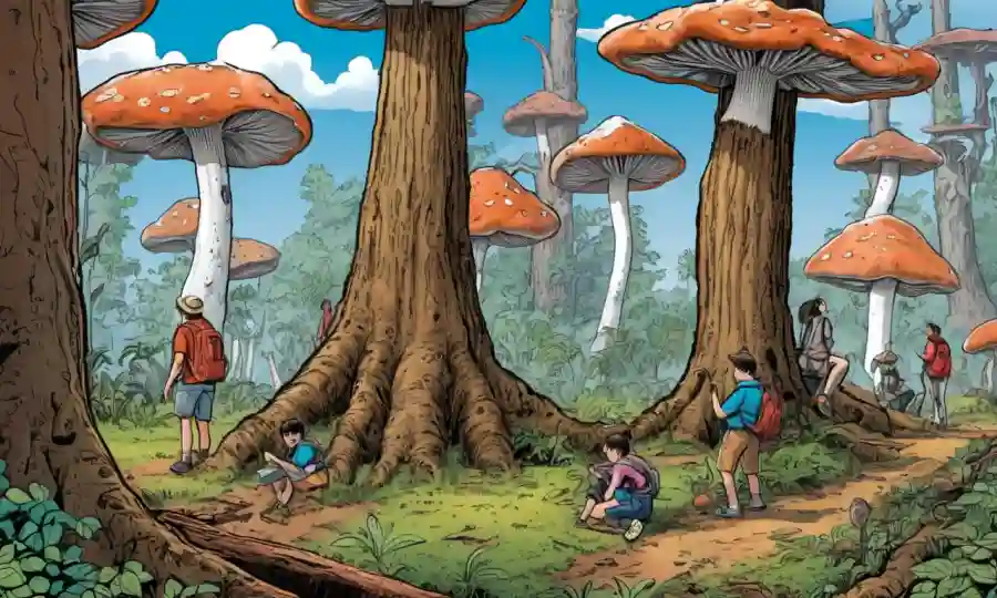 Fungi creciendo desde troncos de árboles con gente estudiando en el fondo.
