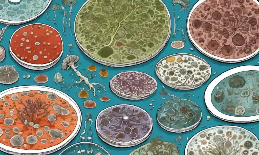 Microscopios y platos petri rodeados de ilustraciones de diversas especies de hongos.