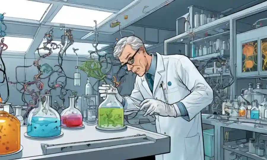 Científico que estudia organismos simbióticos en un entorno de laboratorio futurista.