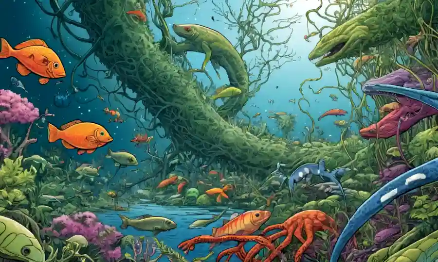 Una red de especies interconectadas que forman relaciones simbióticas dentro de un ecosistema.