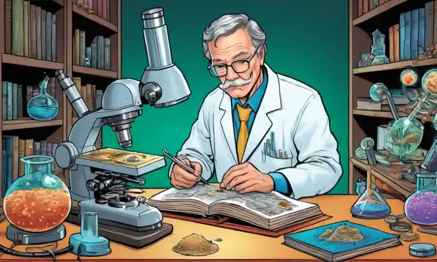Científicos que estudian libros de hongos y equipos de laboratorio microscopía.