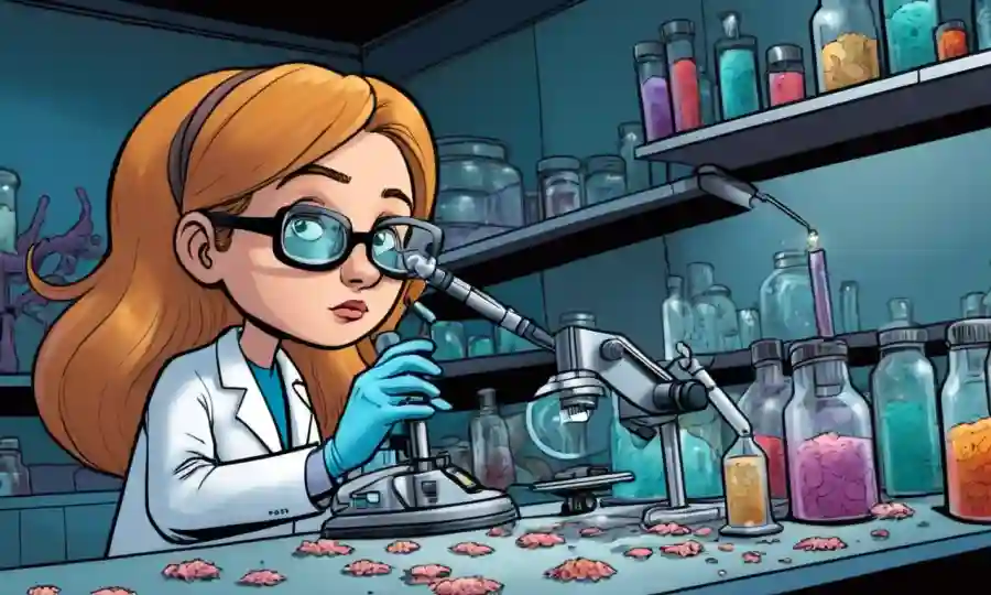 Científico examinando muestras de hongos microscópicos en un entorno de laboratorio.