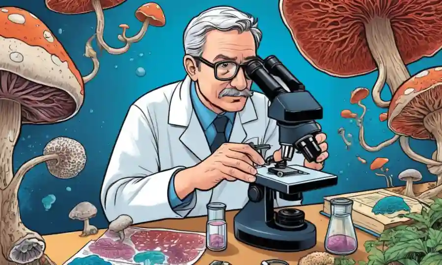 Científico que estudia tablas de clasificación de hongos en un microscopio.