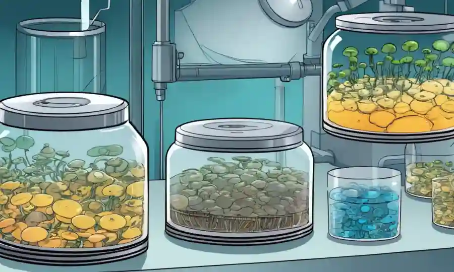 Equipos de laboratorio Amylase con cultivos de hongos en platos petri.