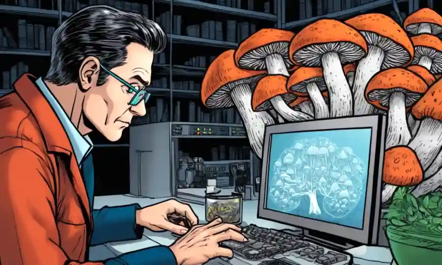 Un científico examinando setas raras en una base de datos de red global en una pantalla de computadora.