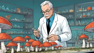 Un científico que examina diversos tipos de hongos en un entorno de laboratorio.