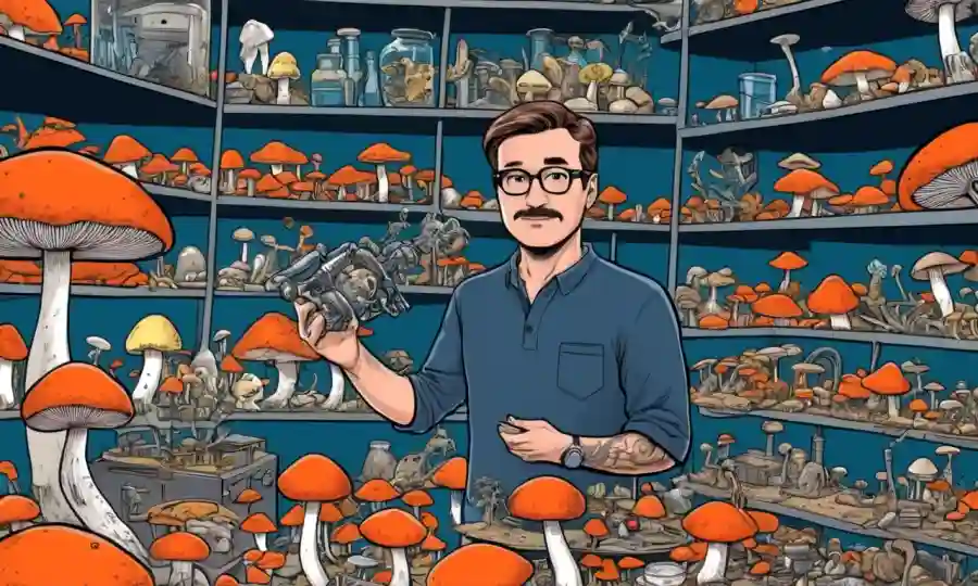 Un curador de museos con un ejemplar de hongos único rodeado de equipos científicos y estantes de colecciones de hongos similares.