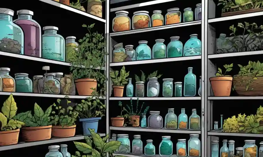 Colecciones fúngicas en estantes en un laboratorio con plantas y científicos.