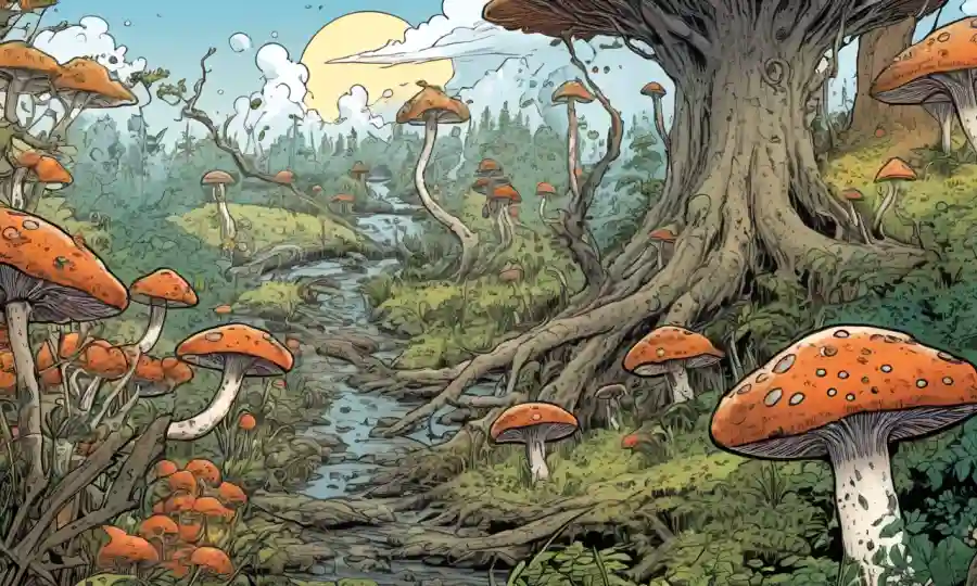 Ilustración de esporas fúngicas diseminadas en un ecosistema con escenas de naturaleza interconectadas.