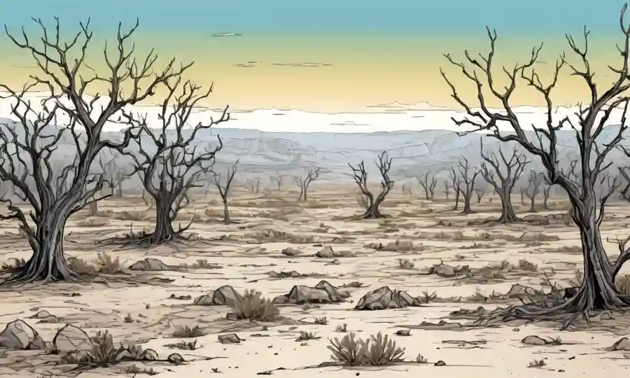 Un paisaje estéril con árboles de barrido y escasa vegetación, destacando las consecuencias del cambio climático en los ecosistemas.