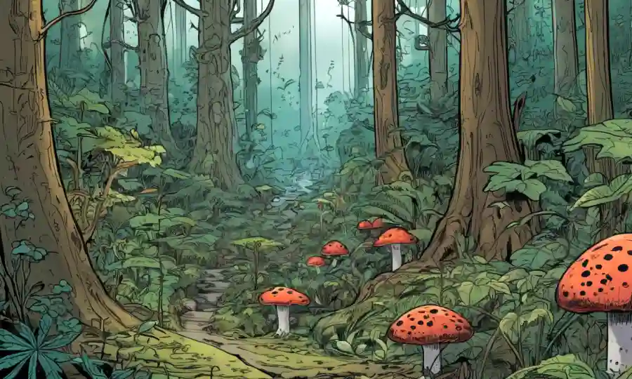 Destaca un ecosistema forestal con diversas especies vegetales y redes de hongos.