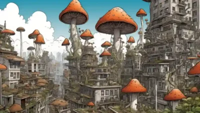 Paisaje urbano con estructuras parecidas a hongos que crecen desde los edificios