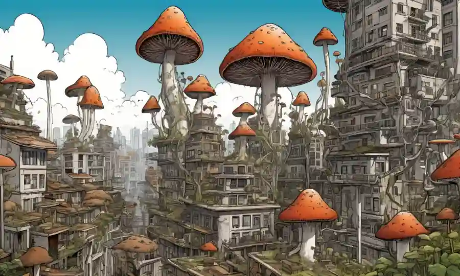 Paisaje urbano con estructuras parecidas a hongos que crecen desde los edificios