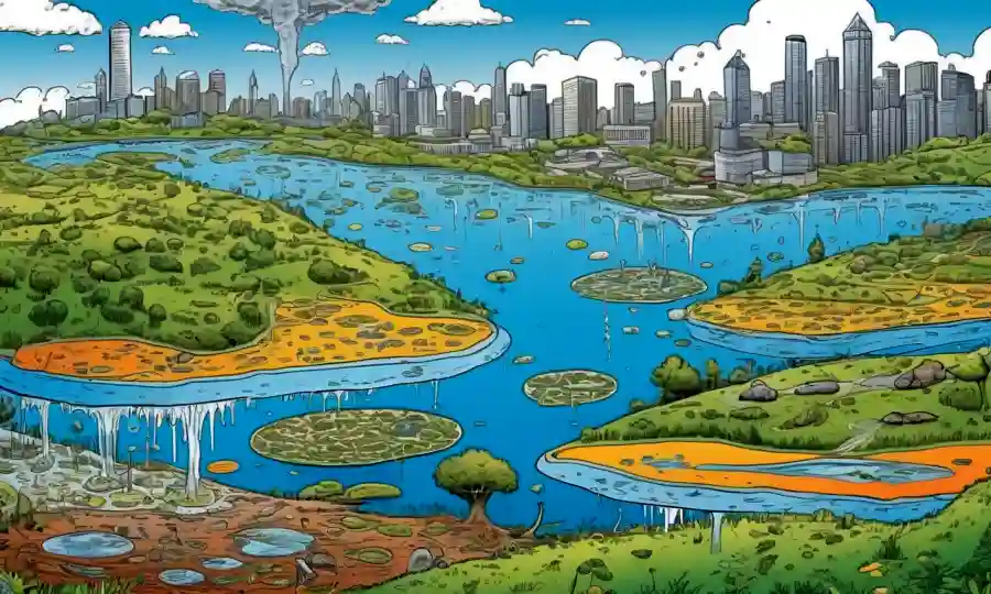 Ilustraciones microscópicas de hongos dentro de los diagramas del ciclo urbano del agua.