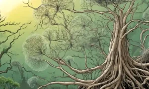 Una red de hifas fúngicas que conectan las raíces vegetales con un fondo natural.
