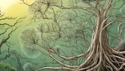 Una red de hifas fúngicas que conectan las raíces vegetales con un fondo natural.