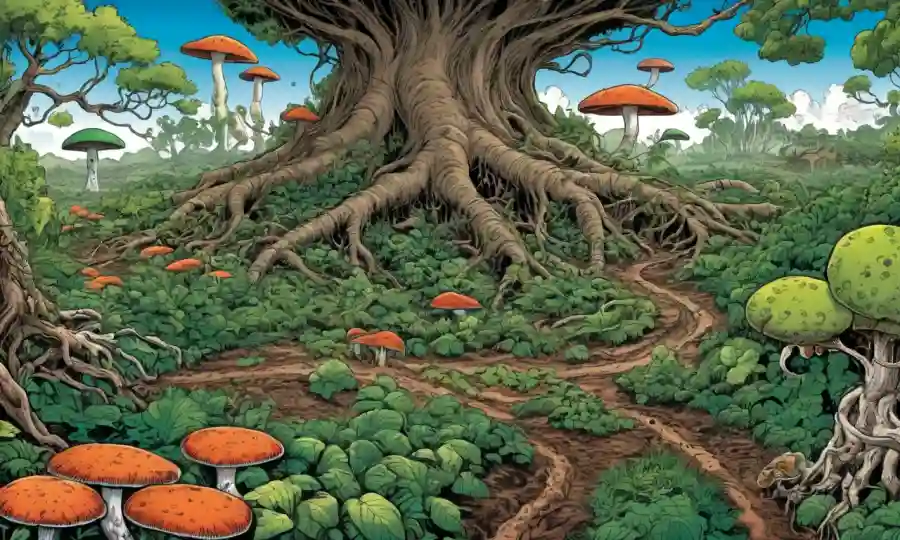 Roots of plants intertwining with fungi in a lush farm setting.