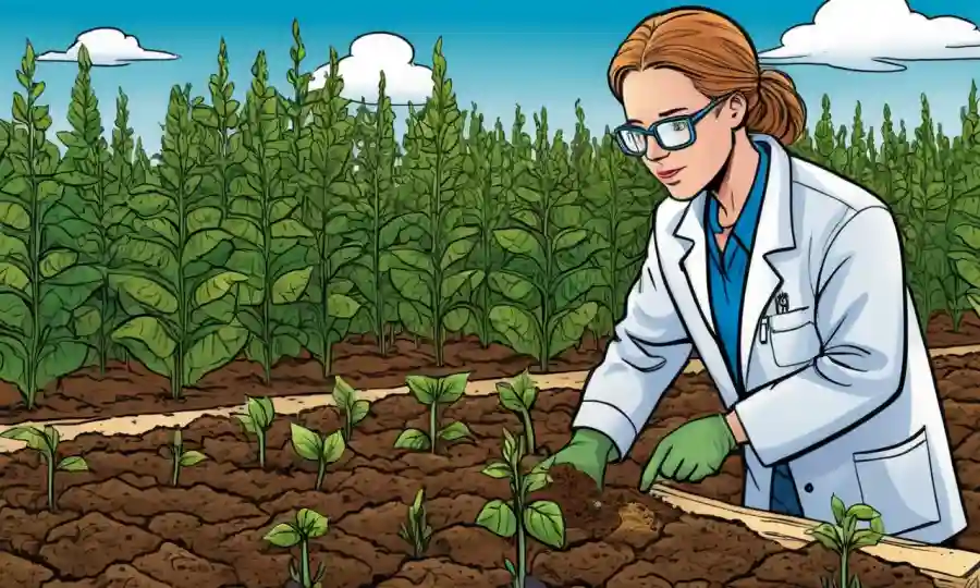 Científico que examina el microbioma de la planta en muestras de suelo y cultivos en medio de antecedentes agrícolas.
