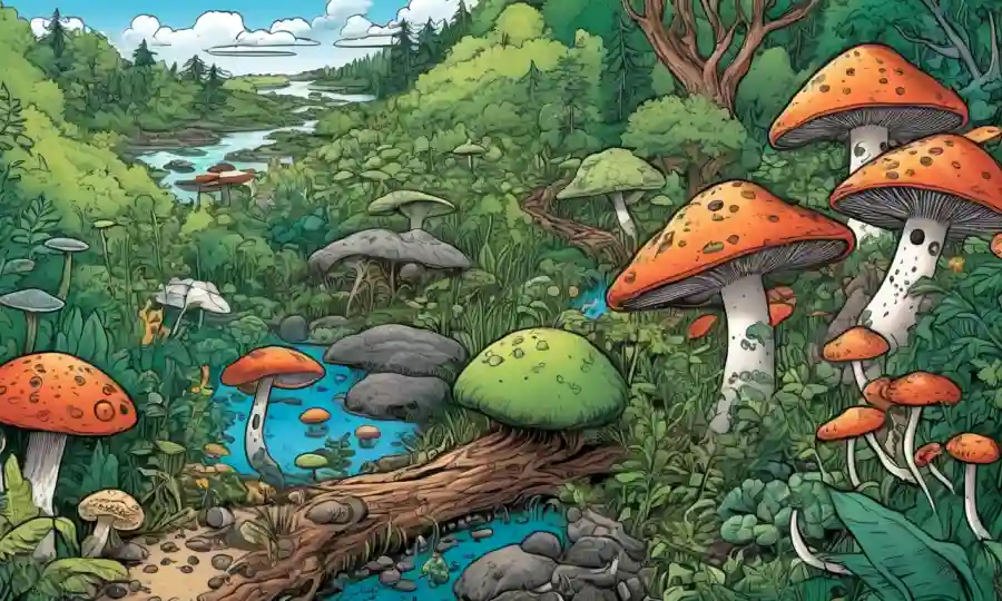 Un ecosistema diverso con plantas sanas y hongos microscópicos, destacando los beneficios mutuos.