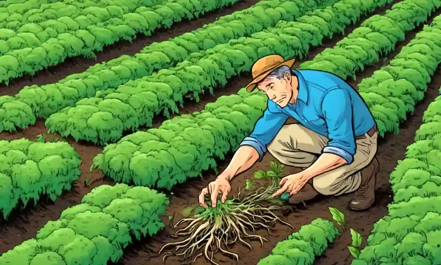 Agricultor examinando microbios entre las raíces vegetales en un campo verde exuberante.