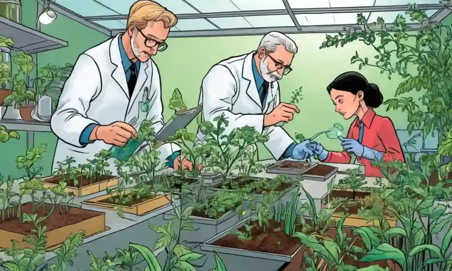 Científicos rodeados de especies vegetales, estudiando microorganismos diminutos en muestras de suelo.