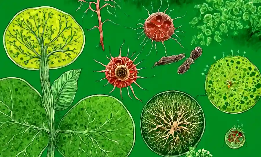 Imágenes microscópicas de interacciones enendofiladas de plantas en un fondo verde.