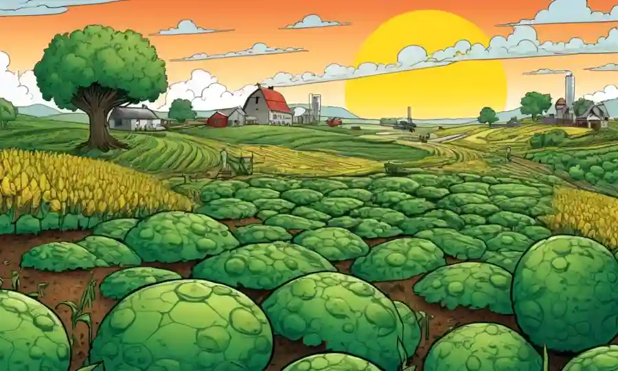 Ilustraciones científicas de microbios rodeados de paisajes agrícolas.