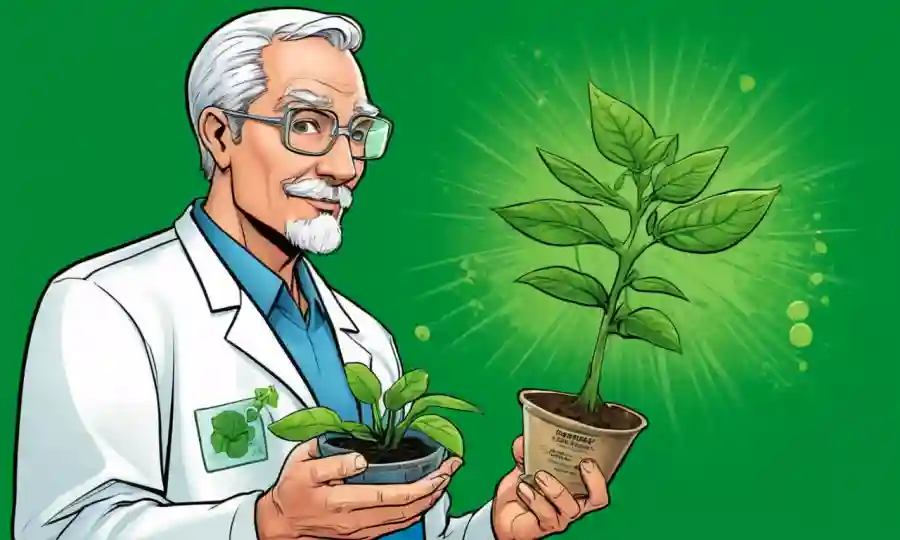 Científico sosteniendo una muestra de planta sobre un fondo verde, destacando los beneficios ecológicos de los endofitos.