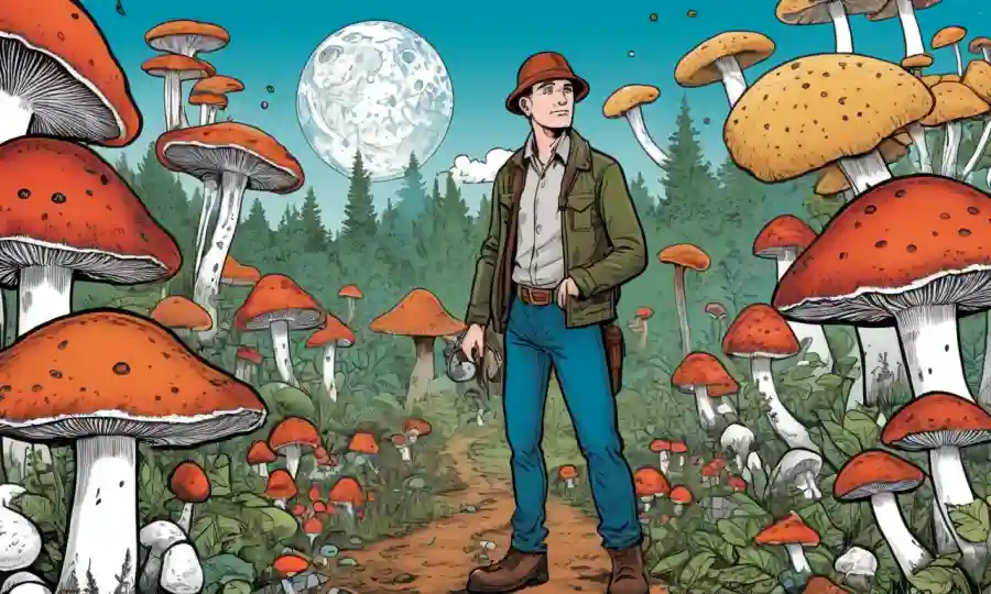 Una persona rodeada de hongos, con gráficos e ilustraciones en el fondo sobre su importancia ecológica.