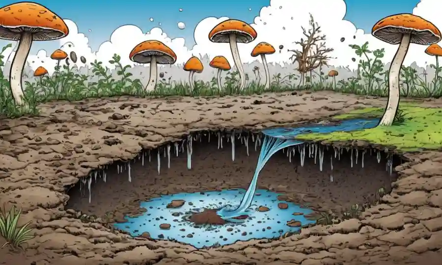 Fungi crece en suelo contaminado o agua, con un gráfico que muestra el impacto negativo de la contaminación ambiental.